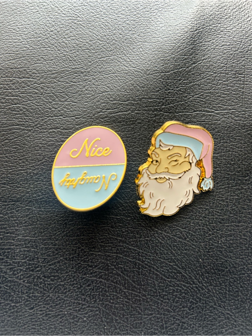 Pastel 'Nice/Naughty' Round Pin & Pastel Santa Enamel Pin Set